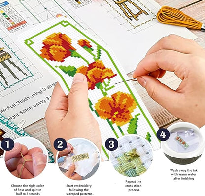 ORIGACH 6 Set Floral Cross Stitch Bookmark Kit for Beginner with Backing Felt Floss Instructions Magnolia Daffodil Rose DIY Stamped Embroidery Bookmark Kit for Adults, Book Lovers