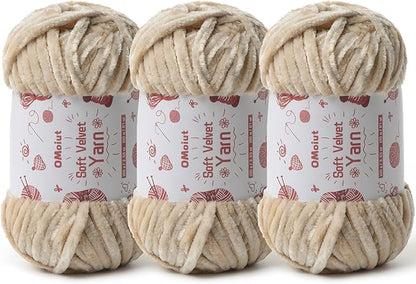 3x100g Fluffy Velvet Chenille Yarn for Crocheting and Knitting, 3x87.4yd Baby Yarn for Crocheting Soft, Crochet Chunky Yarns Amigurumi Yarns（Beige
