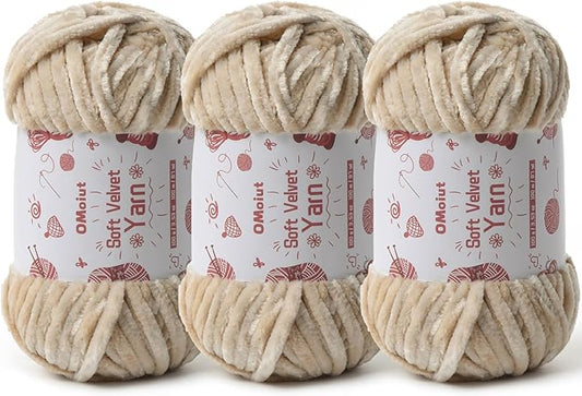3x100g Fluffy Velvet Chenille Yarn for Crocheting and Knitting, 3x87.4yd Baby Yarn for Crocheting Soft, Crochet Chunky Yarns Amigurumi Yarns（Beige