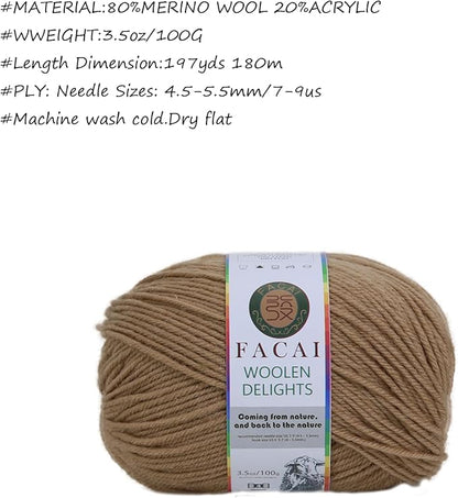Facai Blend Merino Wool Yarn for Knitting - Worsted Weight,197yds (3.5oz) Ball, Ideal for Sweaters, Scarves, and Accessories (3, Khaki)