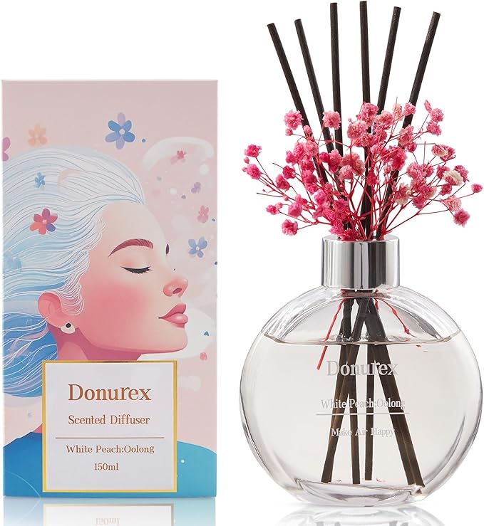 Donurex Flower Reed Diffuser Set 5.07oz White Peach & Oolong Scent Diffuser with Sticks Home Fragrance Reed Diffuser for Bathroom Shelf Decor