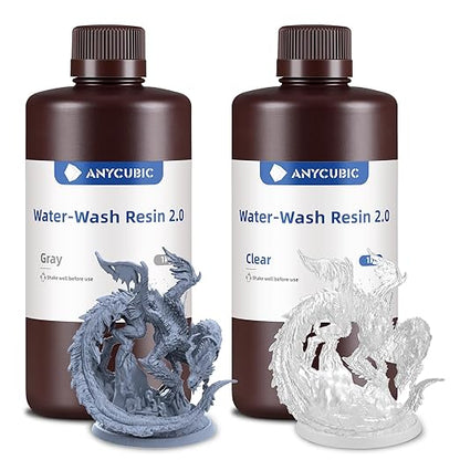 ANYCUBIC Water Washable Resin 2.0 Bundle, 3D Printer Resin with Low Viscosity and Fast Printing, 405nm High Precision 3D Resin, 8K Capable LCD DLP 3D Printing (Grey+Clear, 2kg)