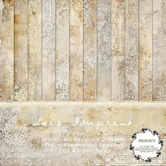 DESEACO 24 Sheets Vintage Lace Scrapbooking Paper Pad 6x6, Neutral Aged Background Craft Paper for Adult Journaling, Card Making, Collage & DIY Scrapbook Projects