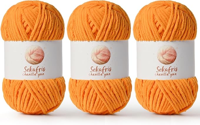 3 Pack Orange Chunky Chenille Yarn for Crocheting, Bulky Velvet Yarns for Crochet, Baby Yarn for Crocheting Soft Blanket, 393 yds/10.5 oz Fluffy Amigurumi Crochet Yarn