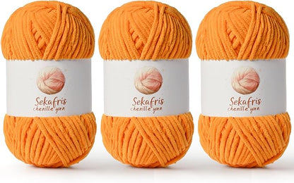 3 Pack Orange Chunky Chenille Yarn for Crocheting, Bulky Velvet Yarns for Crochet, Baby Yarn for Crocheting Soft Blanket, 393 yds/10.5 oz Fluffy Amigurumi Crochet Yarn