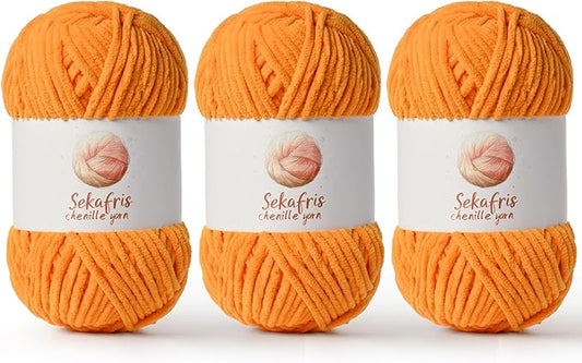 3 Pack Orange Chunky Chenille Yarn for Crocheting, Bulky Velvet Yarns for Crochet, Baby Yarn for Crocheting Soft Blanket, 393 yds/10.5 oz Fluffy Amigurumi Crochet Yarn