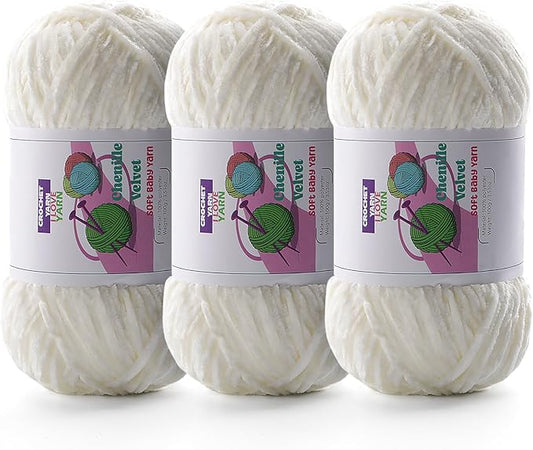 3 Skeins Soft Fluffy Velvet Yarn, Chenille Chunky Yarn for Hand Knitting and Crocheting DIY Craft, Amigurumi Crochet Yarn（3×196.8yds, 3×3.5oz） (Cream White)