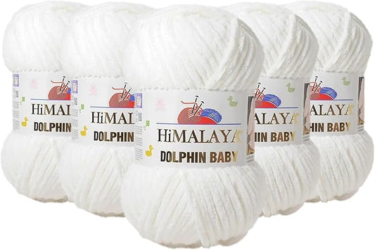 5 Skein/Pack Himalaya Dolphin Baby Chenille Yarn, Each Ball 100 gr (3.5 oz), 120 m (132 Yards), 100% Polyester, Super Bulky Baby Blanket Velvet Amigurumi Yarn, 80301 - Snow White