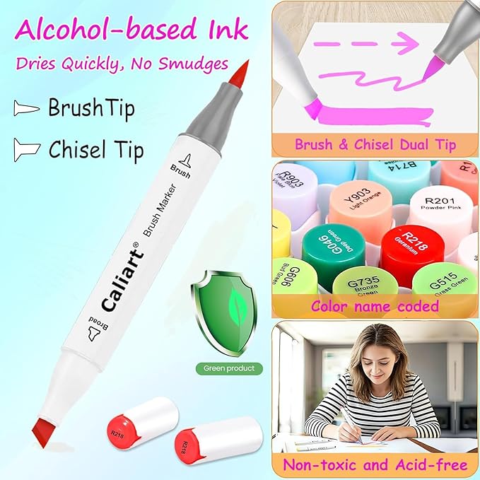 Caliart 121 Colors Alcohol Markers Brush Tip, Dual Tip Artists Coloring Markers Set Brush & Chisel, Permanent Alcohol Based Colored Sketch Pens, Art Supplies Gifts for Adults Illustration Drawing