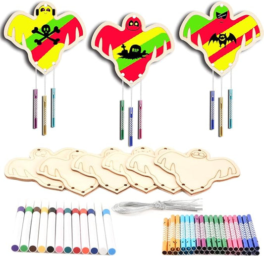 Wooden Ghosts Wind Chime Ornaments Painting Craft,12PCS Unfinished Wood Hanging Decoration,6 Style Cutouts for Adults Olders to Paint DIY Tags Wedding Home Decors Hanging