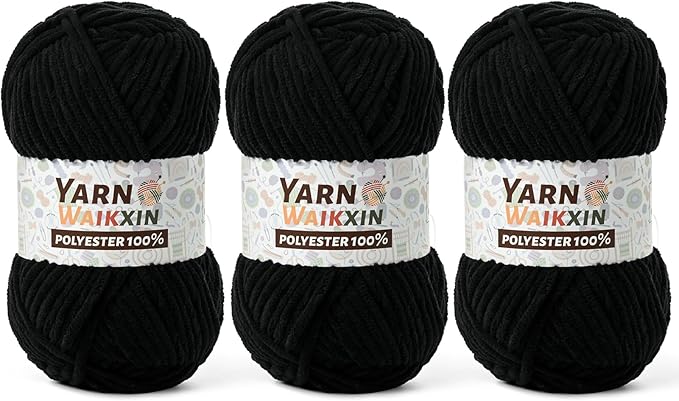 3 Pack Soft Chenille Yarn for Crocheting, Fluffy Chunky Crochet Yarn for Baby Blanket, (5.29oz/196.8yds) Fuzzy Velvet Yarn for Amigurumi&DIY Puzzle、Crafts、Scarf(3 Black)
