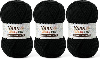 3 Pack Soft Chenille Yarn for Crocheting, Fluffy Chunky Crochet Yarn for Baby Blanket, (5.29oz/196.8yds) Fuzzy Velvet Yarn for Amigurumi&DIY Puzzle、Crafts、Scarf(3 Black)