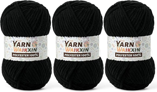 3 Pack Soft Chenille Yarn for Crocheting, Fluffy Chunky Crochet Yarn for Baby Blanket, (5.29oz/196.8yds) Fuzzy Velvet Yarn for Amigurumi&DIY Puzzle、Crafts、Scarf(3 Black)