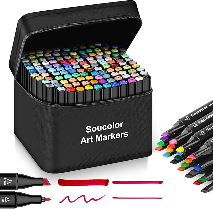 Soucolor Alcohol Markers, 131 Dual Tip Permanent Artist Art Marker for Adult Coloring, Sketching and Illustrations, with Case for Easy Storage, Alcohol Based Markers for Book Painting and Card Making