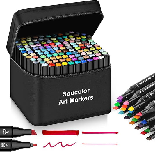 Soucolor Alcohol Markers, 131 Dual Tip Permanent Artist Art Marker for Adult Coloring, Sketching and Illustrations, with Case for Easy Storage, Alcohol Based Markers for Book Painting and Card Making