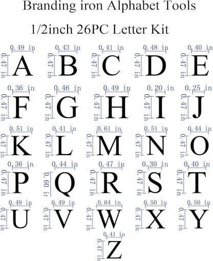 1/2" 26 Pcs Wood Burning Letters Kit with Electric Branding Iron, Wood Burning Letter Stamps for Wood Leather Hats Branding, DIY Gifts for Wedding Birthday Christmas (Brass Letters A-Z)