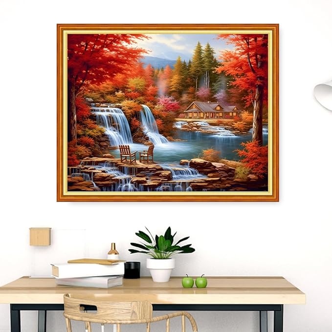 Dooxvey Cross Stitch Kits for Adults Stamped Full Range of Embroidery Starter Kits for Beginners 11CT Printed Cross Stitch Patterns Needlepoint Kits Stamped Crossstitch-Autumn Waterfall 16x20 inch