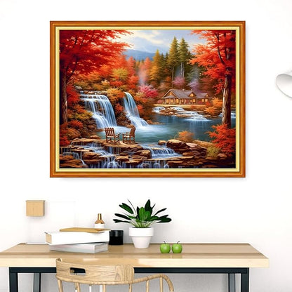 Dooxvey Cross Stitch Kits for Adults Stamped Full Range of Embroidery Starter Kits for Beginners 11CT Printed Cross Stitch Patterns Needlepoint Kits Stamped Crossstitch-Autumn Waterfall 16x20 inch