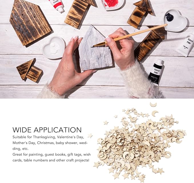 1000Pcs Wood Moon Star Cutout Slices Unfinished Star and Moon Shape Wood Cutouts for DIY Craft