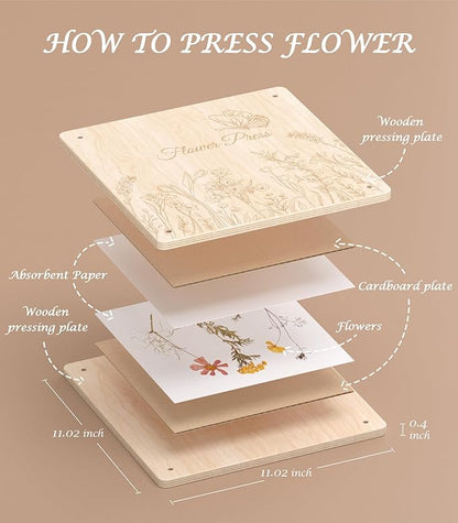 Wakhow Flower Press Kit – 11" x 11" Large Wooden Flower Presser for Adults & Teens | DIY Bouquet Preservation & Dried Flower Art | Ideal Gift for Nature & Craft Lovers
