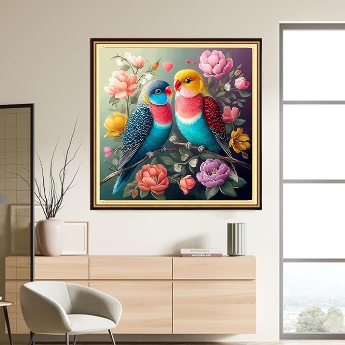 DMCVIVR Stamped Cross Stitch Kits for Adults Beginners Embroidery Kits 11CT Needlepoint Kits Cross Stitch Patterns Embroidery Patterns-Couple Bird Flowers 18x18 inch