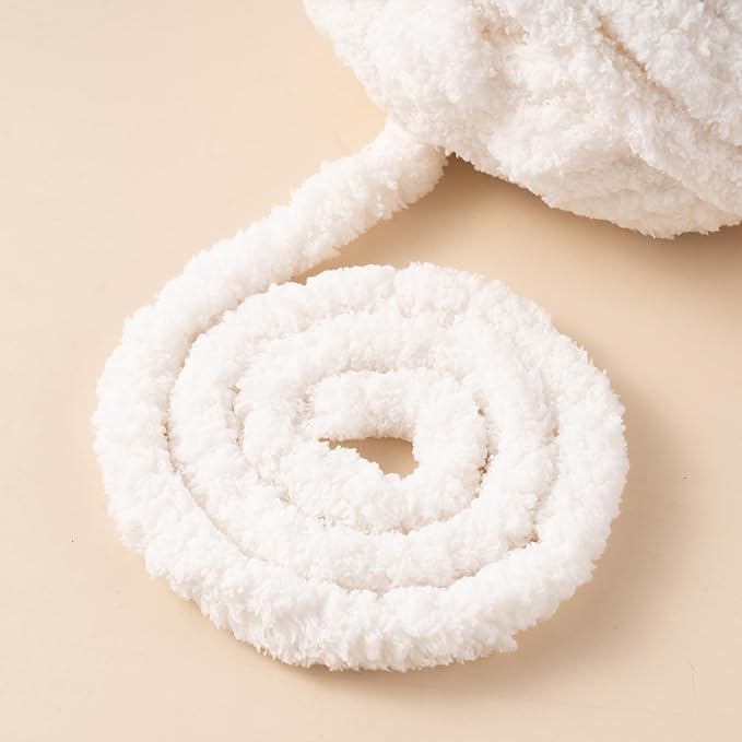 White Jumbo Chunky Chenille Yarn for Crocheting, Thick Plush Yarn for Hand Knitting Blankets, Super Soft Bulky Yarn for DIY Projects, 2 Jumbo Pack