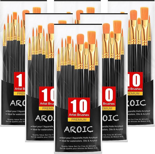 AROIC Acrylic Paint Brushes, 6 Packs / 60 pcs Nylon Hair Paint Brush Set for All Purpose Oil Watercolor Painting Artist Professional Kits (Black)