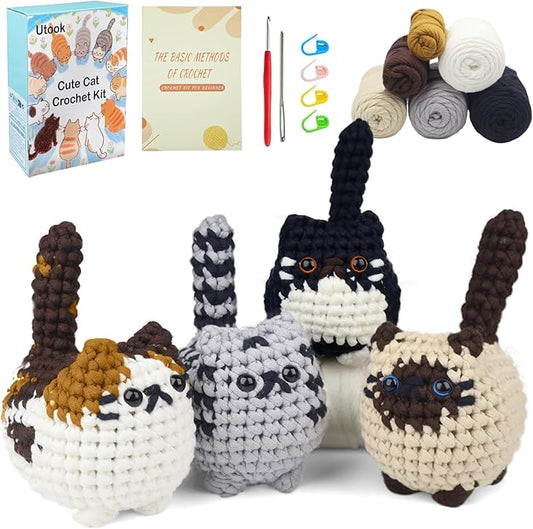 Utook Crochet Kit for Beginners, 4-Pack Crochet Animal Kit,Crochet Kits for Beginners Adults and Children, with Instructional Videos and Paper tutorials, Handmade Crafts, Holiday Gifts (Cat Family)