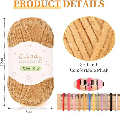 Coopay Skinny Chenille Yarn for Crocheting and Knitting, 12 Pack of 50g/1.76oz - 1764yd Total, Soft Velvet Yarn of Baby Weights - Suitable for Baby Blankets, Plush Toys - Super Soft (Brown Gradient)