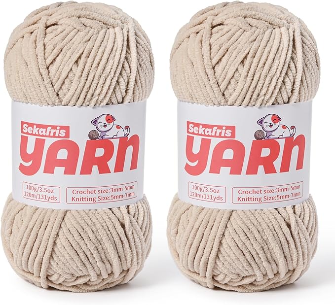 2 Pack Plush Chunky Chenille Yarn for Crocheting, Soft Fluffy Velvet Yarn for Crocheting Amigurumi, Fuzzy Baby Blanket Knitting 200g/262yds Bulky(2 Light Khaki)