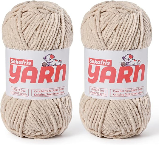 2 Pack Plush Chunky Chenille Yarn for Crocheting, Soft Fluffy Velvet Yarn for Crocheting Amigurumi, Fuzzy Baby Blanket Knitting 200g/262yds Bulky(2 Light Khaki)
