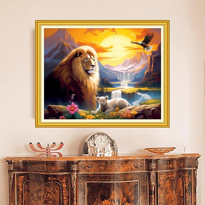 DMCVIVR Stamped Cross Stitch Kits for Beginners Adults Needlepoint Kits for Beginners Embroidery Kits for Adults Crossstitch Kit for Beginners 11CT-(Lion Scenery 16x20 inch