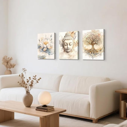 WENGTIAO 3Pcs Zen Canvas Wall Art Prints Beige Tree of Life Wall Paintings Buddha Lotus Pictures Posters Religious Spiritual Meditation Room Decor for Living Room Bedroom Spa Office 16x24x3Pcs