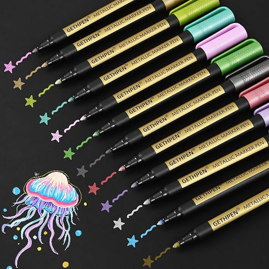 GETHPEN Metallic Marker Pens,12 Colors Acrylic Metallic Markers for Black Paper,2mm Medium Tip Glitter Pens Stocking Stuffers for Scrapbooking, Rock Painting, Glass, Wood,Card Making, Photo Albums