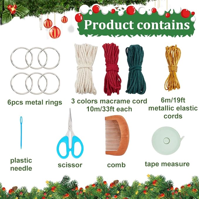 FREEBLOSS 6 Set Macrame Christmas Hat & Keychain DIY Kit with Instructions