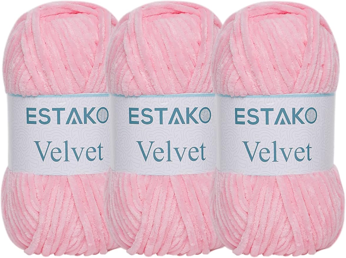 Estako Velvet (3- Skeins Pack) Chenille Blanket amigurumi Yarn for Crocheting and Knitting Super Bulky 3x100 gr (3x132 yds) (1310 - Baby Pink)