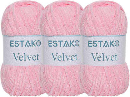 Estako Velvet (3- Skeins Pack) Chenille Blanket amigurumi Yarn for Crocheting and Knitting Super Bulky 3x100 gr (3x132 yds) (1310 - Baby Pink)