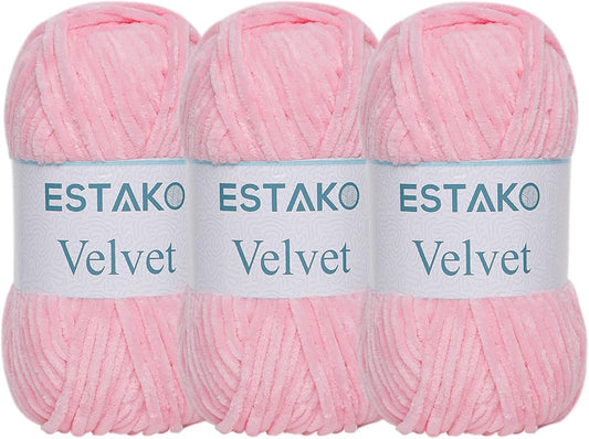 Estako Velvet (3- Skeins Pack) Chenille Blanket amigurumi Yarn for Crocheting and Knitting Super Bulky 3x100 gr (3x132 yds) (1310 - Baby Pink)