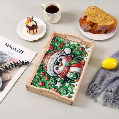DoxQcs DIY Diamond Art Wooden Food Tray with Handle Diamond Painted Table Decoration Tray for Breakfast Bar Dinner Table Diamonds Art Painting for Beginners-Penguin