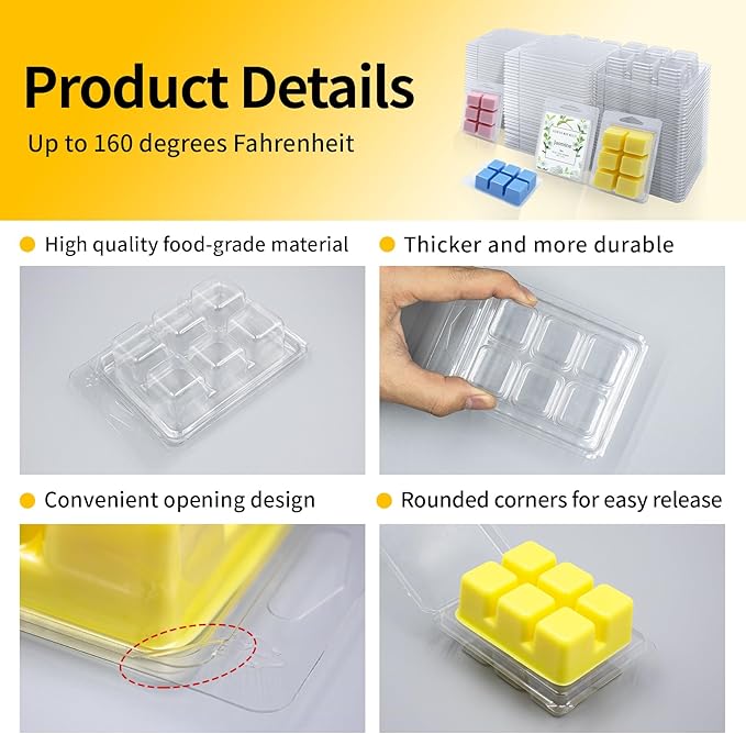 Wax Melt Container Clamshell Packaging Mold Box Stand for Plastic Clear Empty Wax Candle Melt Tart Packaging Cube Container Clamshell Mold Holder Organizer Tray Empty Shape Bulk wth Lid