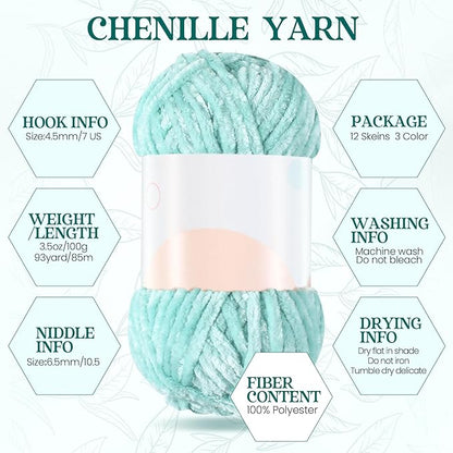 Xinnun 12 Skeins 1116 Yards Chenille Velvet Soft Thick Plush Yarn Bulk for Crocheting Knitting Blanket DIY Weaving Craft, 6mm, 3.5 Oz/Skein(Green Series)