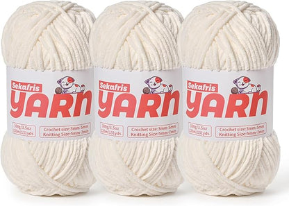 3 Pack Plush Chunky Chenille Yarn for Crocheting, Soft Fluffy Velvet Yarn for Crocheting, Fuzzy Baby Blanket Knitting Yarn, 300g/393yds Bulky Amigurumi Yarns（3 White）