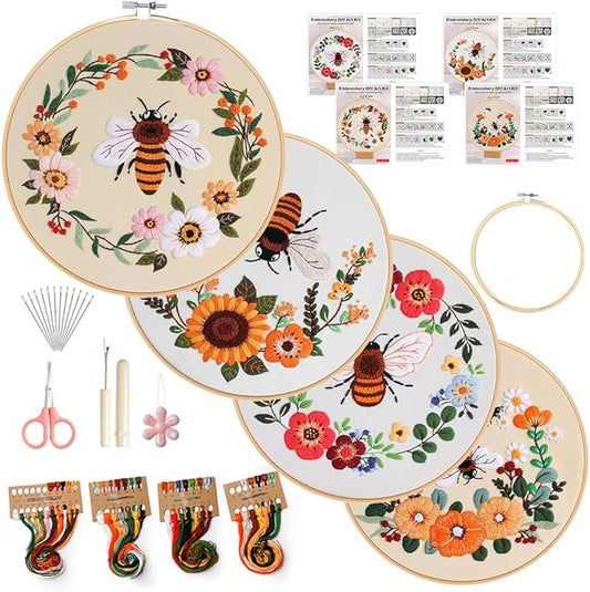 wtisan Embroidery Kit for Adults, 4 Sets Cross Stitch Kits for Adults with Stamped Flower Pattern and Easy Instruction, Embroidery Kits with Embroidery Hoop and Color Threads