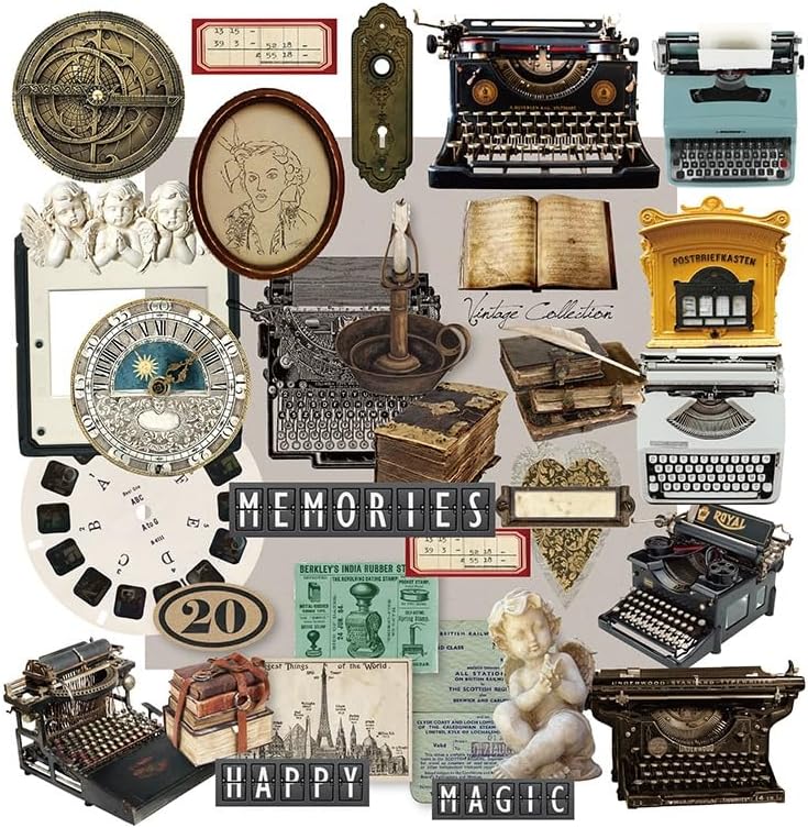 CATaireen Vintage Junk Journal Items Kit Pre Cut Paper Cards Cutout Cardstock Art Aesthetic Decor Hollow Out Craft Elements Small Embellishments Supplies for Adults Scrapbook Pack (Typewriter) by CATaireenforScrapbooking
