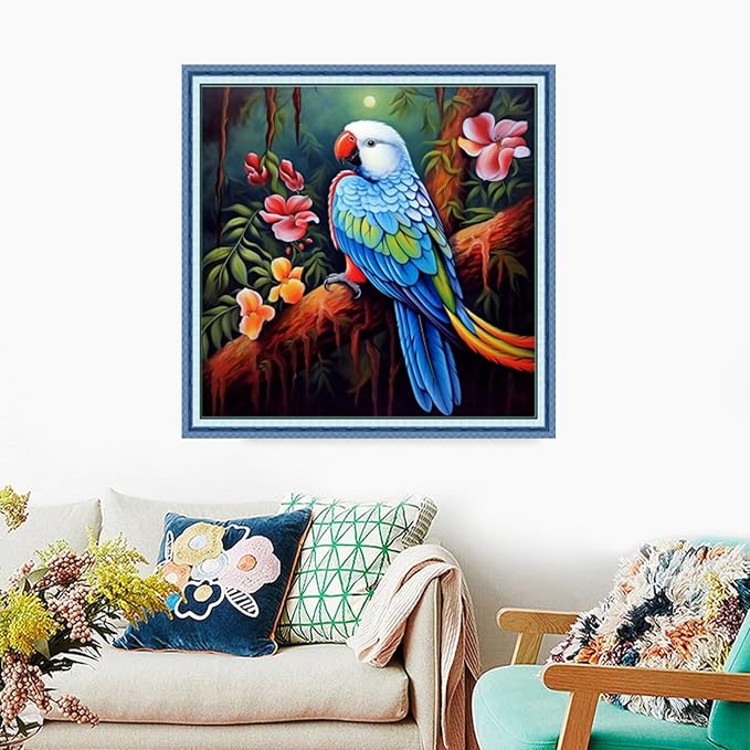 Foxdiviy Stamped Cross Stitch Kits Full Range of Embroidery Needlework Starter Kits for Beginners Adults 11CT Embroidery Patterns Art Crafts DIY Needlepoint Kits-Parrot Flowers 18x18 inch