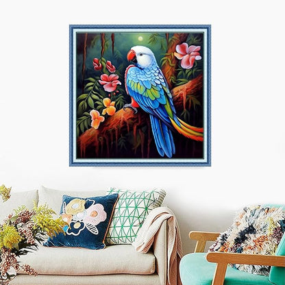 Foxdiviy Stamped Cross Stitch Kits Full Range of Embroidery Needlework Starter Kits for Beginners Adults 11CT Embroidery Patterns Art Crafts DIY Needlepoint Kits-Parrot Flowers 18x18 inch