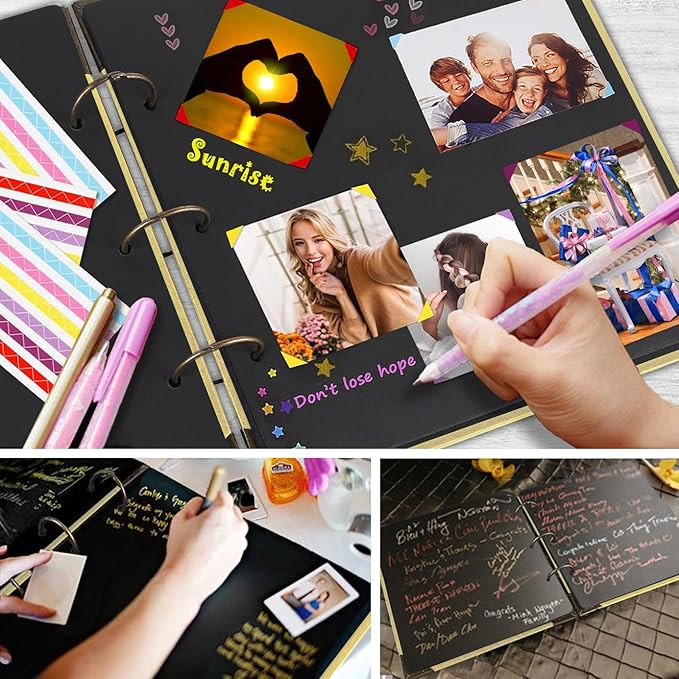 ADVcer Photo Album DIY Scrapbook, 10x10 inch 50 Pages Double Sided, Vintage Hardcover Three-Ring Binder Picture Booth with 408pcs 6 Colors Self Adhesive Photos Corners (Champagne, Gold Blocking Heart)
