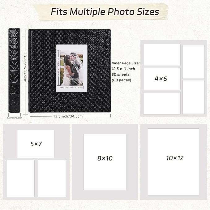 RECUTMS Photo Album Self Adhesive 60 Pages 4x6 5x7 8x10 Photos of Any Size White Inner Button Grain Leather DIY Scrap Book Baby Photo Albums Family Wedding Anniversary Photo Book Album （Black）