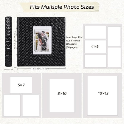 RECUTMS Photo Album Self Adhesive 60 Pages 4x6 5x7 8x10 Photos of Any Size White Inner Button Grain Leather DIY Scrap Book Baby Photo Albums Family Wedding Anniversary Photo Book Album （Black）