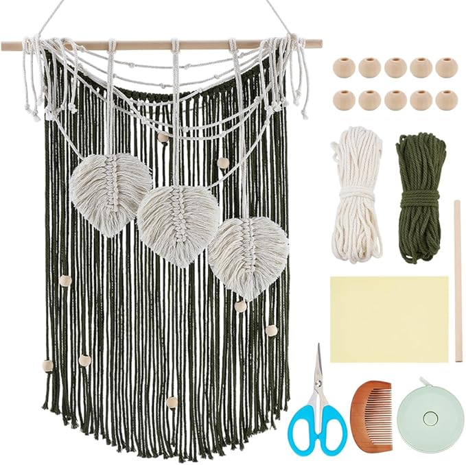 FREEBLOSS DIY Macrame Leaf Wall Hanging Beginners Macrame Kit Leaf Woven Tapestry Feather Wall Hanging DIY Macrame Kit for Adults Birthday Gift (Green Tassels)